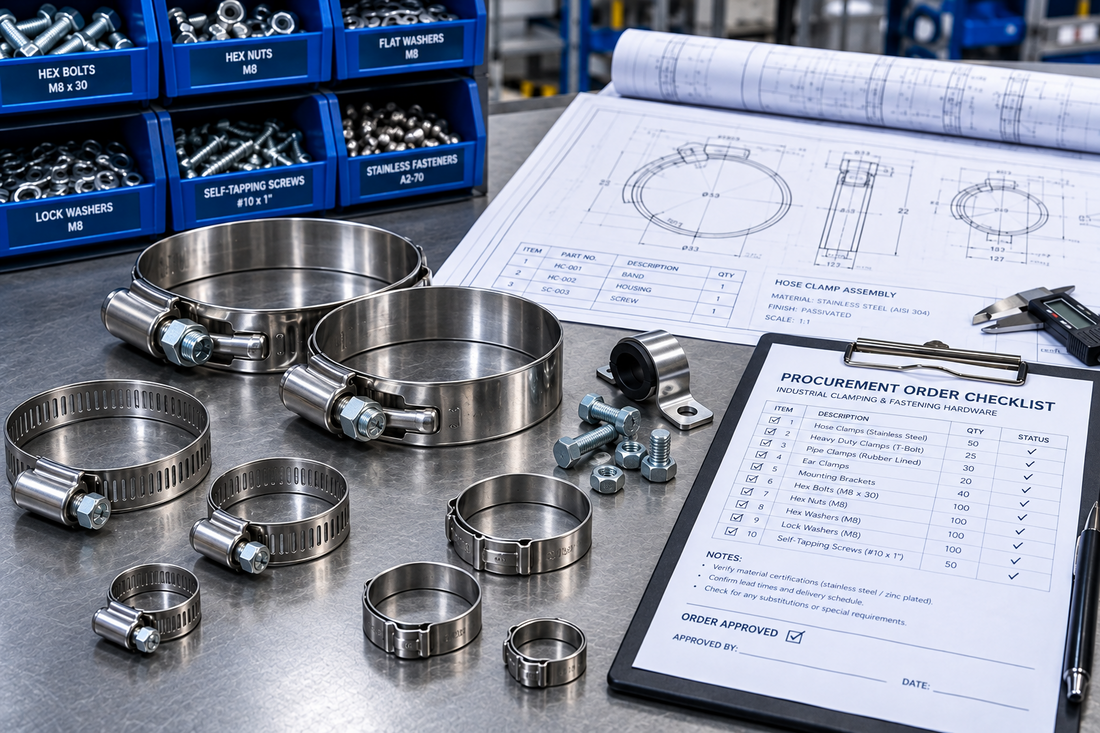 CL Clamping USA procurement guide for US industrial buyers showing hose clamp purchase order specification checklist with W4 W5 grade selection mill certificate trade account and volume pricing information