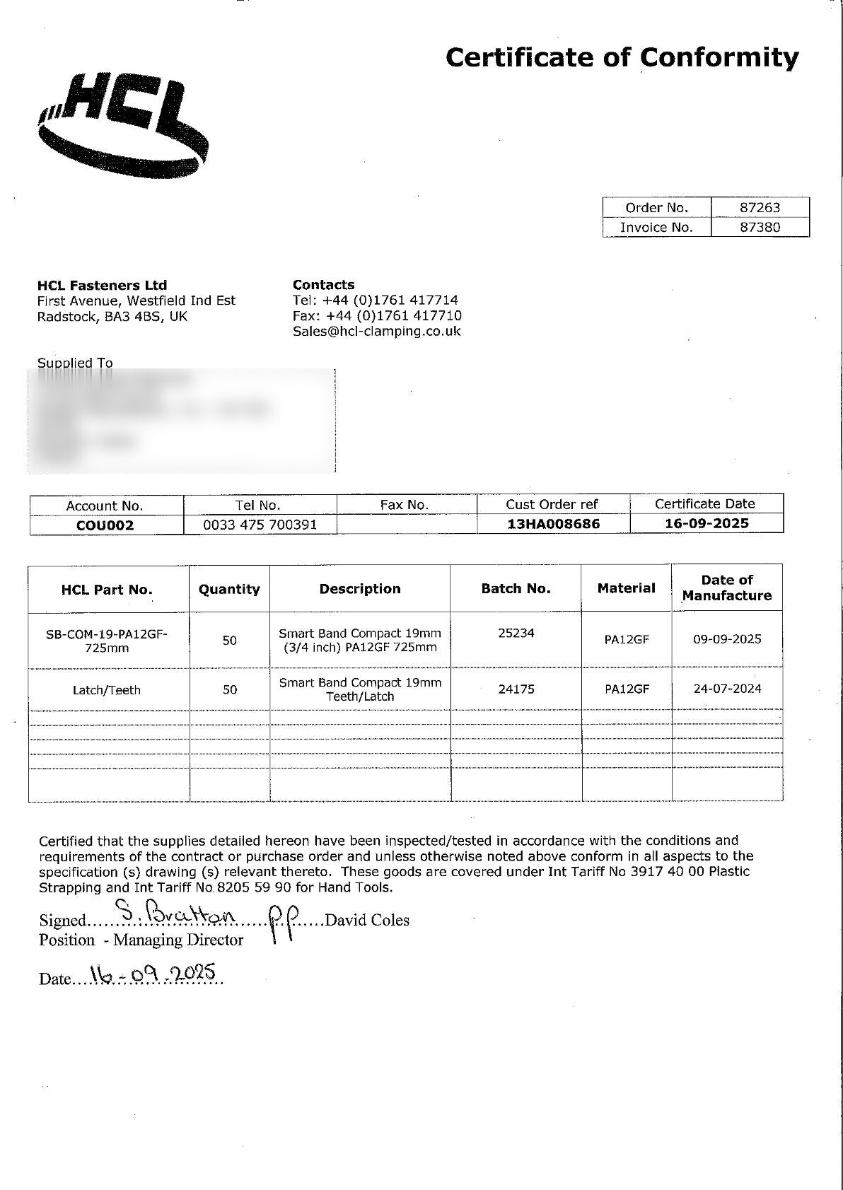 Certificate of Conformity - HCL Clamping USA - Image 1
